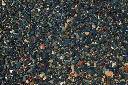 海滩上的深色石头接近纹理深绿色和紫色的石头，中间夹杂着海水中的红湿