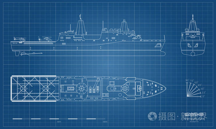 军舰示意图.顶部,正面和侧面视图.战舰模型.工业隔离的船的图画.