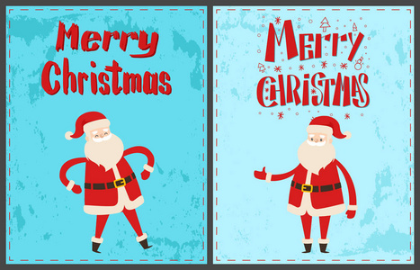 寒假贺卡与圣诞老人穿着红色服装跳舞，祝圣诞快乐。 新年卡通人物蓝色背景矢量