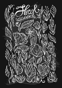 手绘矢量内衬室内花卉植物线图标设置和设计元素的草图。复古装饰植物和花卉收藏。草本树叶和野花