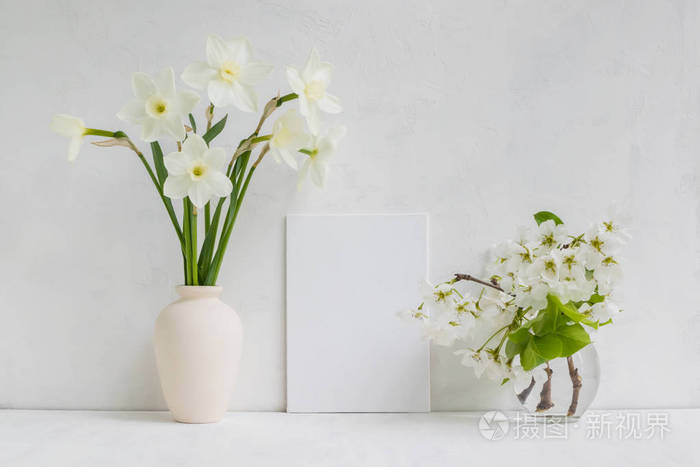 白色相框和白色水仙花装在花瓶里,放在浅色背景上