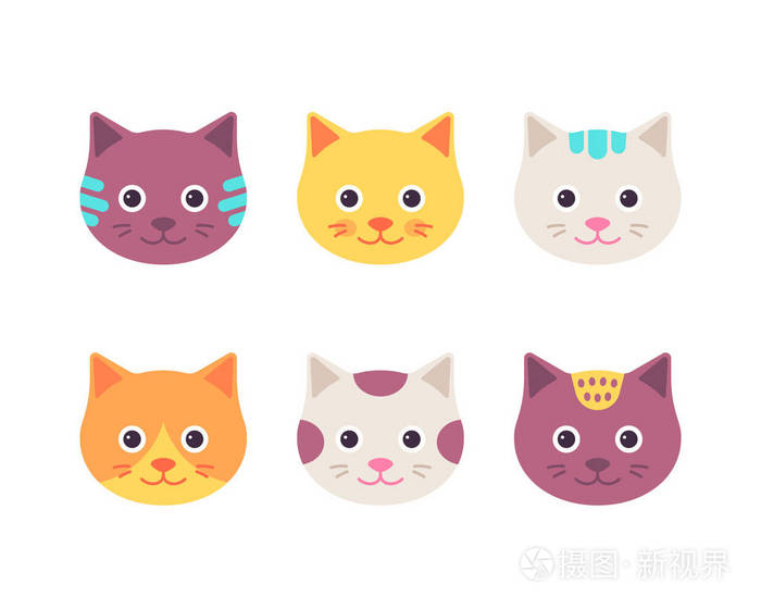 卡通快乐动物角色集 可爱的小猫轮廓在平面设计隔离.