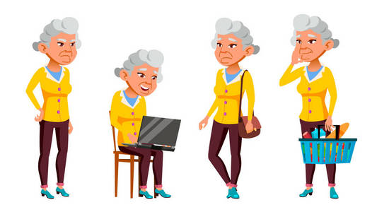亚洲老年妇女波集向量。老年人。资深人士。老年。美丽的退休人员生活。演示文稿打印邀请设计。孤立的动画片例证