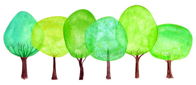 夏季绿色重叠树背景。 水彩漫画彩色新鲜树收集孤立在白色背景上。 水彩手绘植物插图。