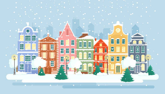 都市冬天风景的向量例证。雪街作为贺卡背景。圣诞卡概念, 愉快假日横幅与五颜六色明亮的房子在平面动画片样式