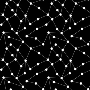 矢量抽象几何虚线无缝图案。 黑色背景上的白点和白线