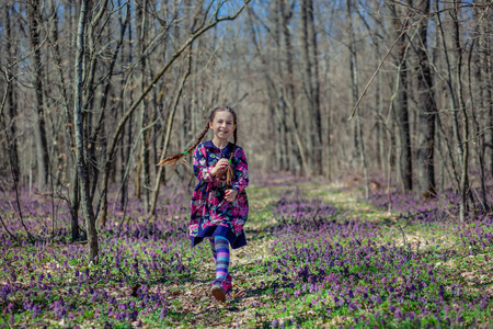 一个美丽的小女孩和延胡索花的肖像。 在阳光明媚的日子里在春天的森林里散步。