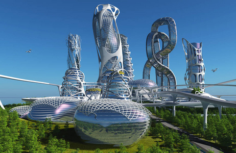 海岸上的未来城市。 三维渲染