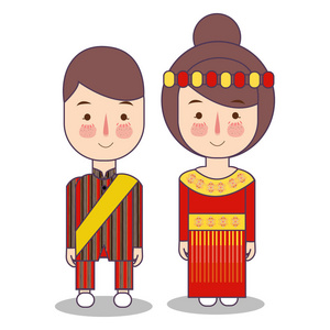 南苏拉威西省婚礼夫妇, 可爱的印尼传统服装新娘和新郎卡通矢量插图