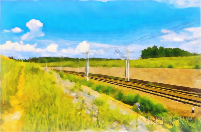 抽象水彩乡村景观夏季农村地区的风景铁路数字绘画插图水彩画