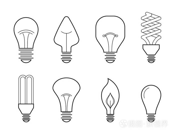 主要电气照明类型的矢量线图: 白炽灯,卤素灯,cfl 和