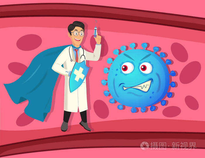 超级英雄医生与注射器和邪恶的病毒周围的人体背景插画-正版商用图片