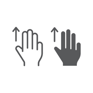 三根手指向上拖动线条和字形图标, 手势和手, 向上滚动符号, 矢量图形, 在白色背景上的线性图案