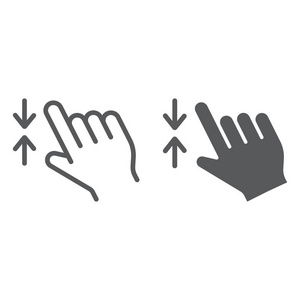 两个手指缩小线条和字形图标, 手势和点击, 手的符号, 矢量图形, 在白色背景的线性图案