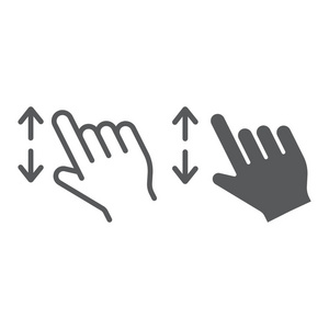 两根手指放大线条和字形图标, 手势和点击, 手的符号, 矢量图形, 在白色背景的线性图案