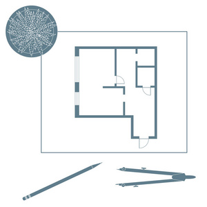 矢量插图与公寓计划罗盘铅笔仙人掌。 建筑项目。
