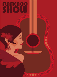 弗拉门戈海报展示传统吉普赛女人和吉他矢量插图