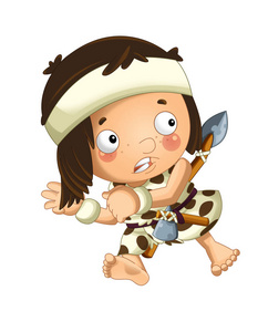 卡通场景与快乐的洞穴人野蛮战士与矛和斧头在白色背景插图为儿童。