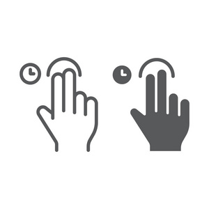 两个手指触摸并按住线和字形图标, 手势和手, 轻扫符号, 矢量图形, 白色背景上的线性图案