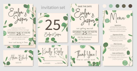 一套婚礼请柬花请柬桌菜单，谢谢RSVP卡设计。 桉树银元浅绿色，长叶植物。 矢量优雅水彩乡村图案样板