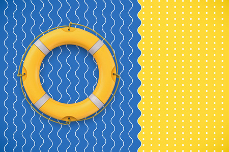 3d 渲染一个明亮的黄色救生圈躺在一个对比背景象征波和沙子