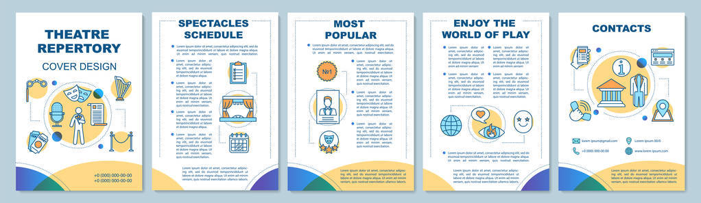 剧院小册子模板布局。 音乐会活动。 奇观剧目。 传单小册子打印设计与线性插图。 杂志年度报告广告海报的矢量页面布局