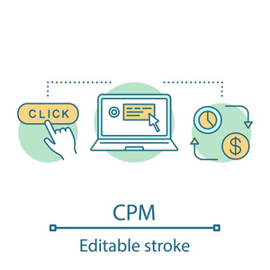 CPM概念图标。 支付每千次视图印象。 smm。 社交媒体营销。 避免运动。 想法细线插图。 矢量孤立轮廓绘制。 可编辑行程