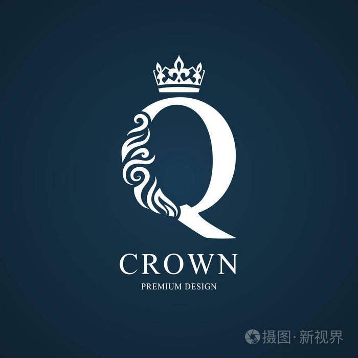 带皇冠的优雅字母q. 优雅的皇家风格. 书法美丽的标志