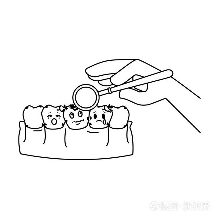 漫画牙齿与牙医手使用镜子