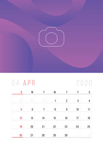 日历2020设置办公桌日历模板设计与地方照片和公司标志。 一周从星期天开始。 四月