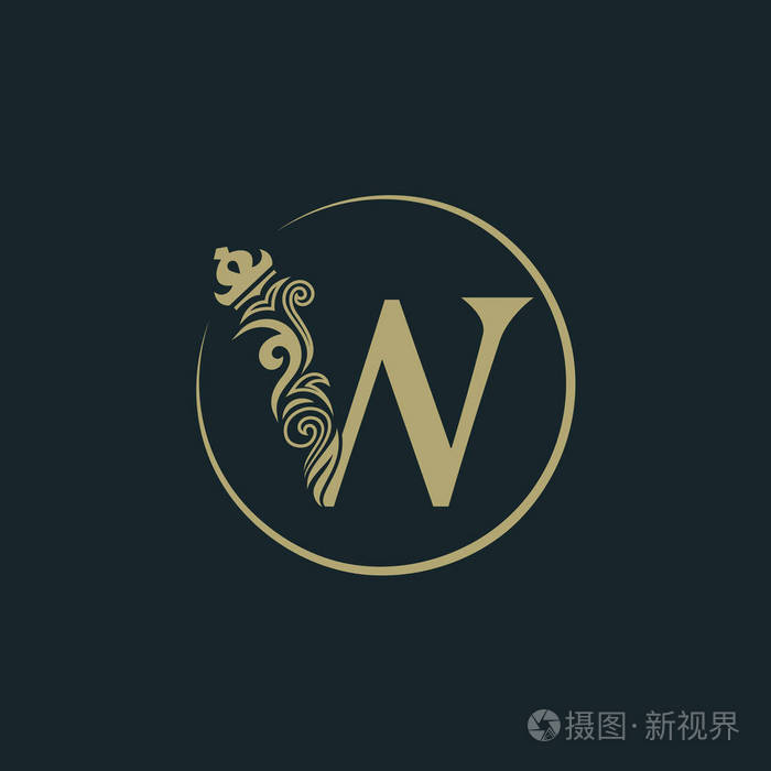 优雅的字母w与皇冠.优雅的皇家风格.书法精美圆形标识