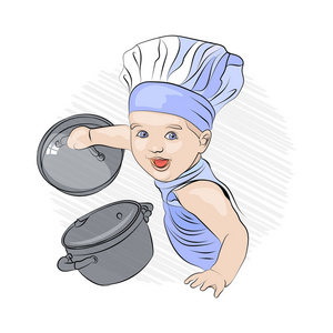 儿童厨师。手里拿着锅的淘气小孩。素描技术
