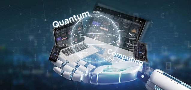 半机器手握量子计算概念与量子位元和器件3D渲染的视图