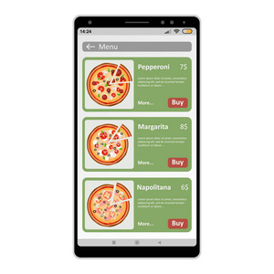 在网上用白色背景的手机订购披萨。矢量图。