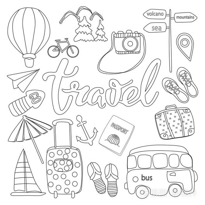 手绘卡通图标旅游物品和乘客行李. 矢量插图