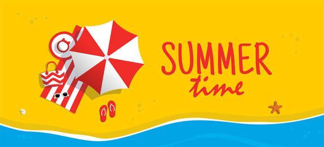 夏季海滩的鸟瞰图。 背景标签与文字夏季时间。 在热带海滨度假。 在海沙上度假。 除了海报和其他宣传材料。 平面样式的矢量插图。