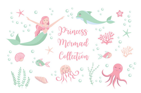 可爱设置小美人鱼公主和海豚, 章鱼, 鱼, 水母, 珊瑚。水下世界收藏