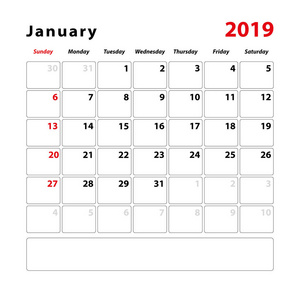 日历表2019年1月的文字说明空间。 矢量图。