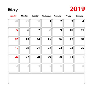 日历表2019年5月的文字说明空间。 矢量图。