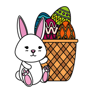 可爱的兔子与复活节彩蛋画在篮子里