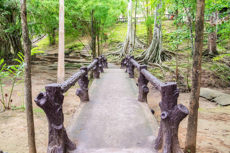 热带雨林潮湿的旧木桥横野，坎恰那布里