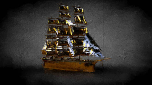 一艘金色海盗船在黑暗背景下的三维渲染