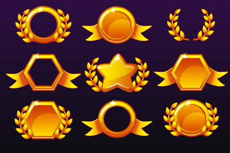 奖励的黄金模板，为移动游戏创建图标。 隔离在一个单独的层上。 矢量概念资产设置移动应用图标不同形式和桂冠花环的胜利。