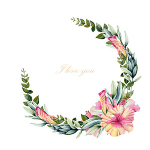花圈用水彩芙蓉花绿枝叶手工画在白色背景上的爱情卡片设计