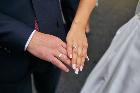 新婚夫妇戴着结婚戒指