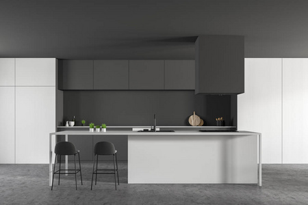 现代厨房内部有灰色墙壁石材地板深灰色台面白色橱柜和带凳子的白色酒吧。 3D渲染