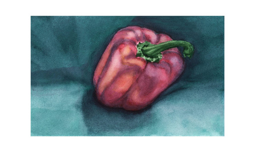 水彩画手画红胡椒在翡翠绿色的背景上。 新鲜甜辣椒用于健康烹饪。 五颜六色的贺卡设计绘画。