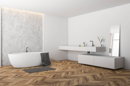 现代浴室的角落，白色和混凝土墙壁，木制地板，白色浴缸，上面有毛巾和长白色水槽与镜子。 3D渲染