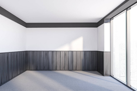 小空房间的内部有白色和深色的木墙地毯地板和大窗户。 室内设计的概念。 3D渲染