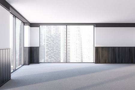 空房间的内部有白色和深色的木制墙壁，铺有地毯的地板和带有城市景观的大窗户。 室内设计的概念。 3D渲染